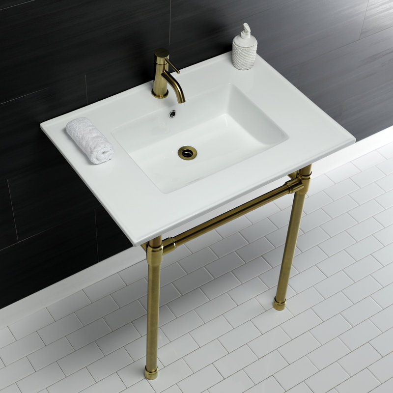 Lavabo de salle de bain console en céramique avec trop-plein, Laiton brossé, Simple