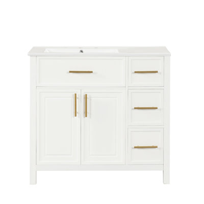 36" Bathroom Vanity With Sink Top, Bathroom Vanity Cabinet With Two Doors And Three Drawers, Solid Wood , MDF Boards ,One Package, White (Old Sku:WF319757AAK)