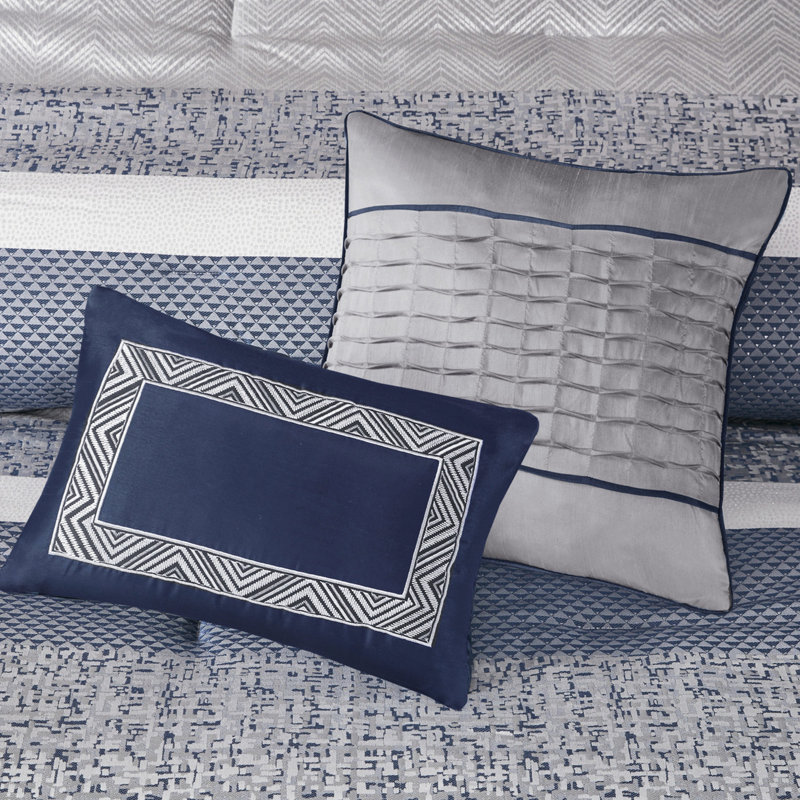 Couette 7 pièces King bleu marine - Luxe avec détails plissés, linge de lit lavable à la machine