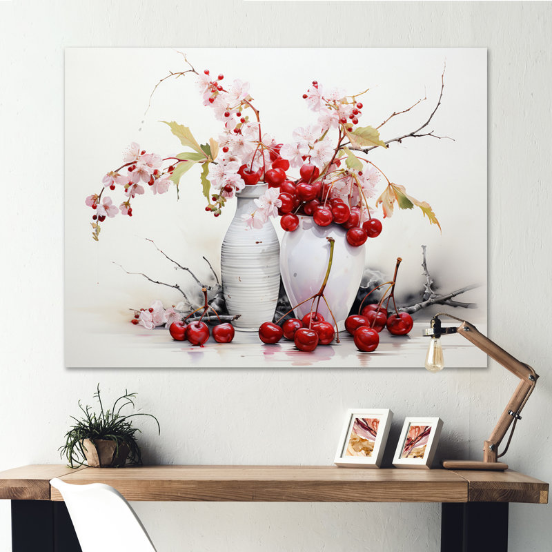 Décoration murale cerise simplicité - fruits, H 30 po x l 40 po x P 1,5 po, Toile tendue