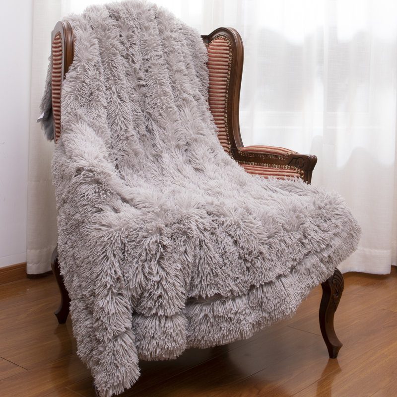 Silver Reversible Faux Fur and Fleece Throw Blanket 60" x 70"
