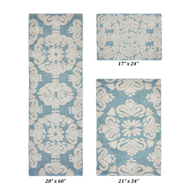 Chemash Premium 100% Cotton 1885 GSM 3-Piece Bath Rug Set, OEKO-TEX® Certified, Non-Slip Spray Latex Backing, Plush Tufted Bath Mats for Shower, Bathtub, Vanity, Sink & Toilet Areas, Super Absorbent, Machine Washable, Blue