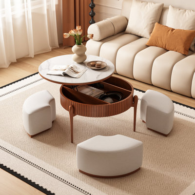 31.5" Lift Top Round Coffee Table Set, Mid-Century Solid Wood Storage Cocktail Table Complete with 3 Upholstered Fabric Stools for Living Room