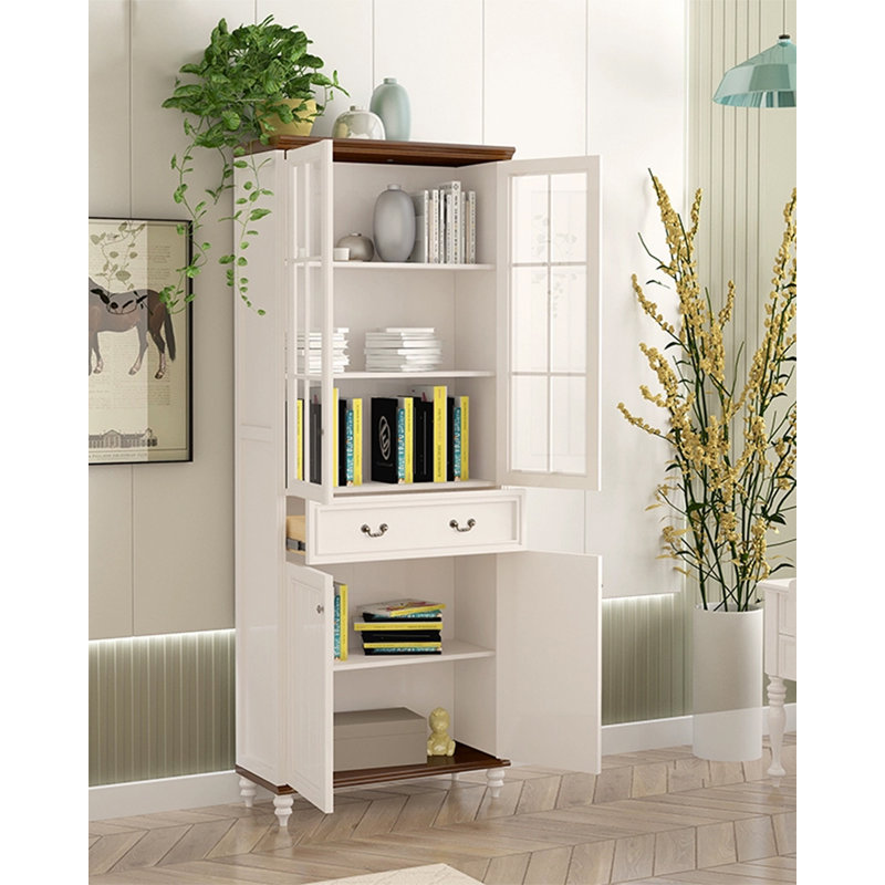 Solid Wood Bookcase with Glass Doors and One Drawer