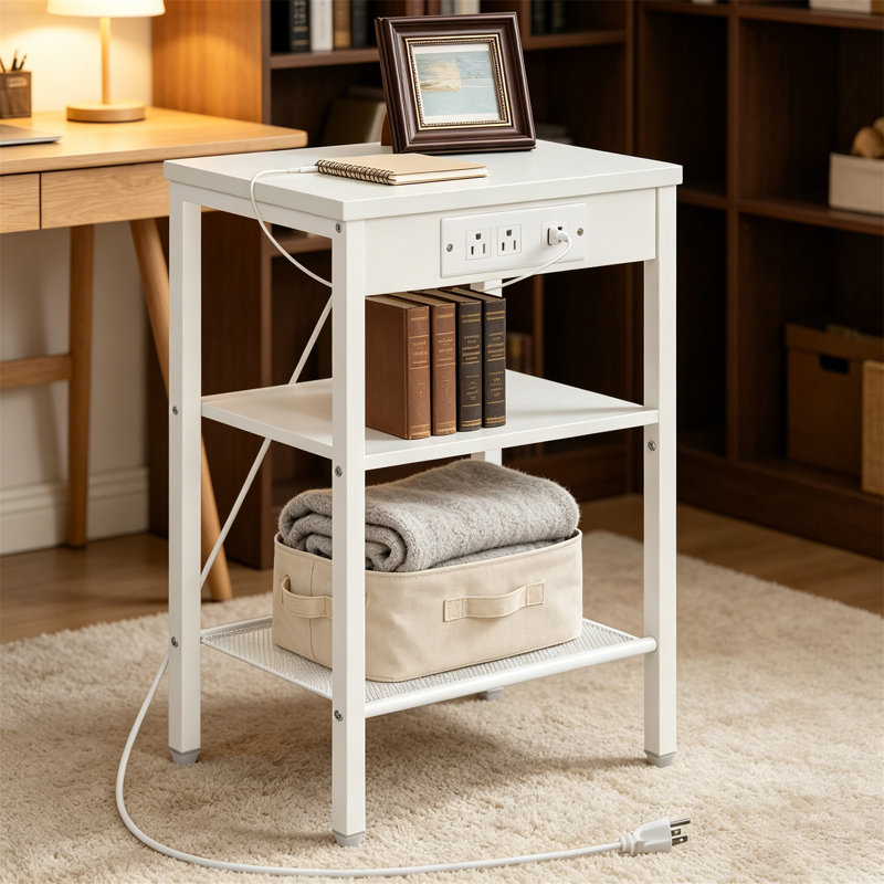 Table d'appoint avec station de charge, table de chevet à 3 niveaux avec tablette réglable, blanc