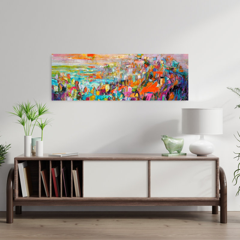 Île au soleil couchant abstrait, ville vibrante et côtière, art mural, H 36 po x l 12 po