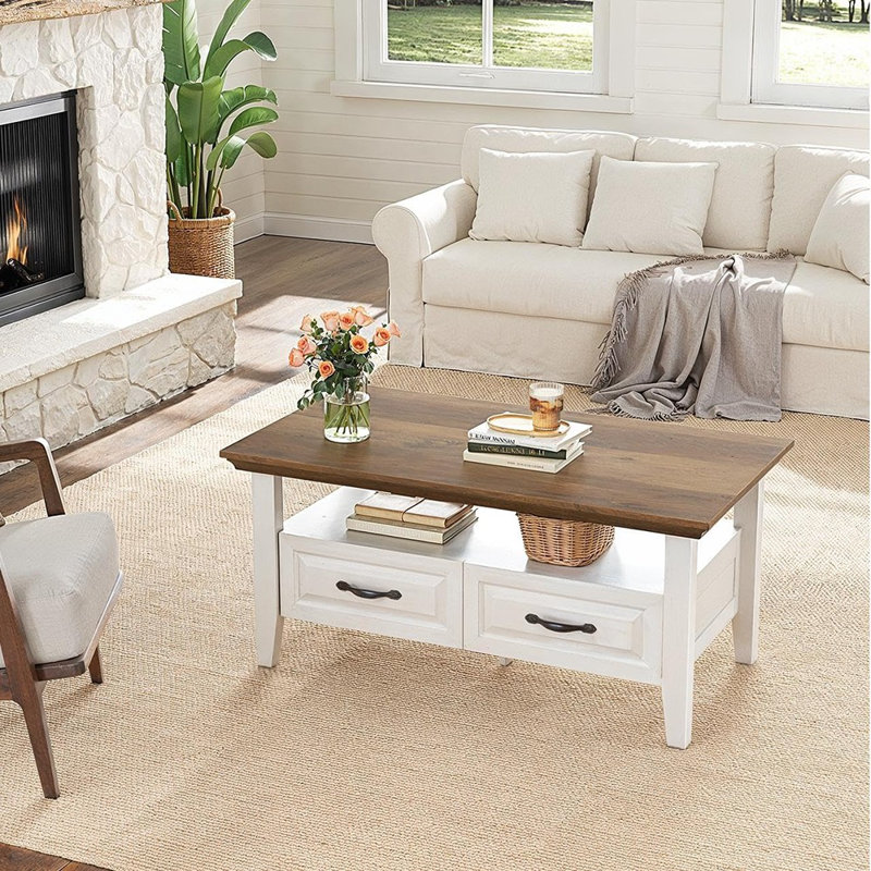Table basse avec rangement, table centrale en bois de 39,4 po avec 2 tiroirs et tablette ouverte pour le salon