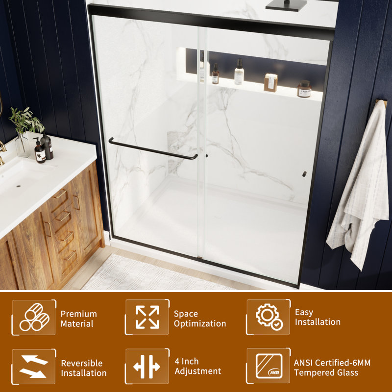 56-60 in.W x 72 in.H Semi-Frameless Sliding Shower Door  Clear SGCC Tempered Glass., Matte Black