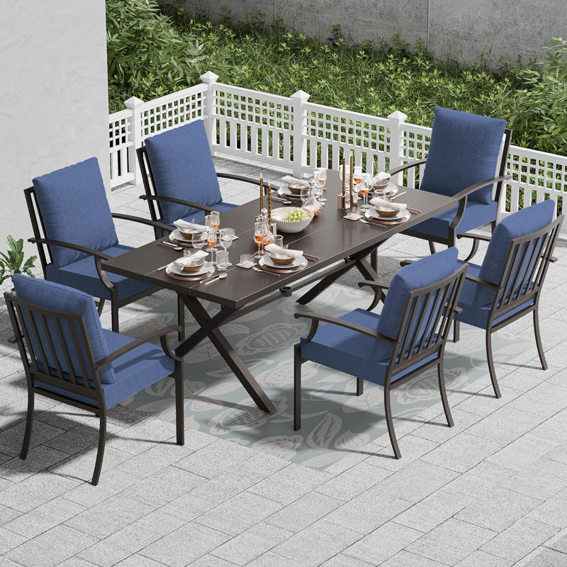 Outdoor Metal Patio Dining Set Stackable Soft Cushioned Ergonomics Dining Armchairs & Rectangular Table, Navy