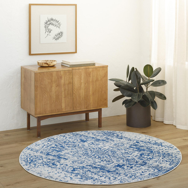 Tapis oriental bleu marine pur / gris clair Hillsby, Rond 7 pi 10 po