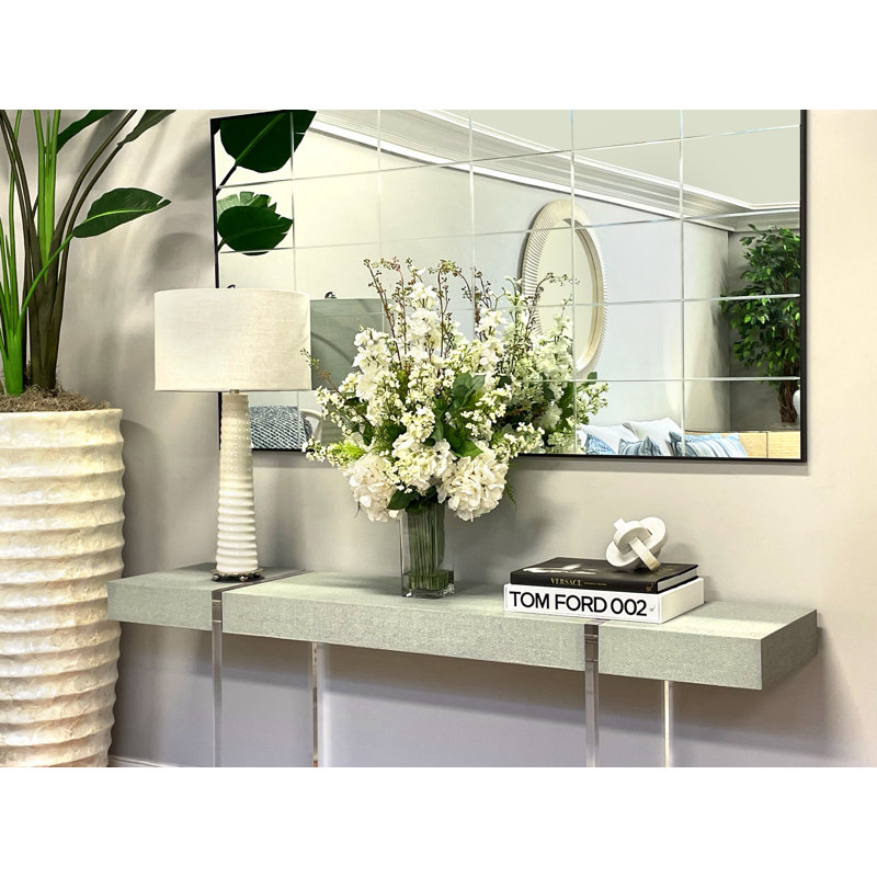 Tall Glass Vase with White Hydrangea and Fern Artificial Floral Arrangement