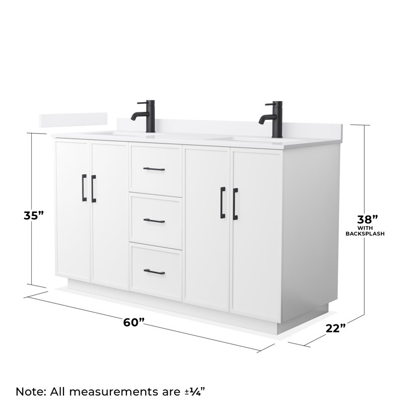 Meuble-lavabo double autoportant 60 po avec plateau en quartz Elan TK, Quartz blanc, Blanc, Noir mat