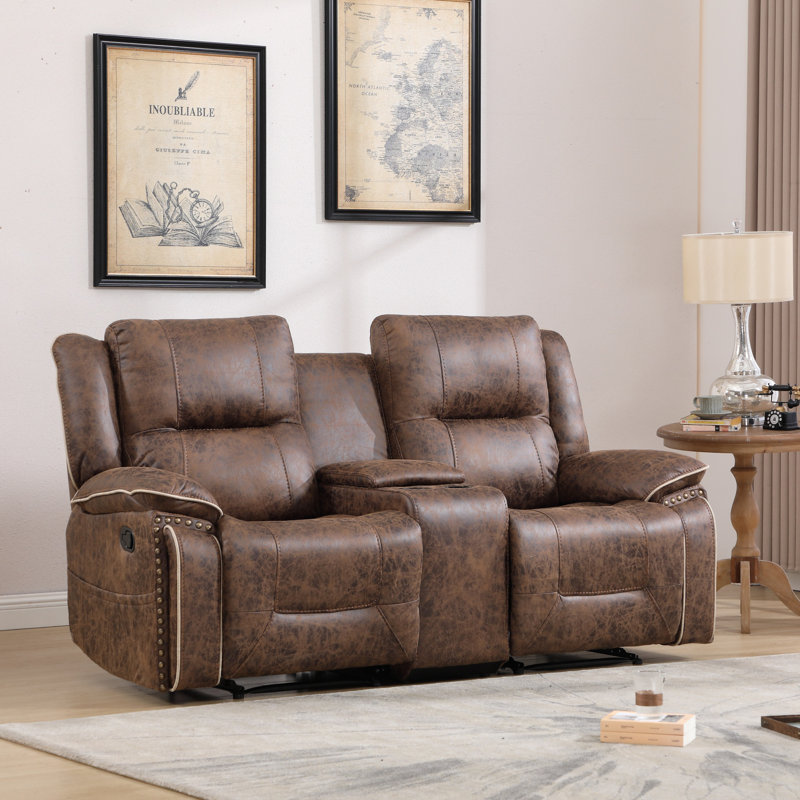 Roddickton 78.5" Wide Vintage Faux Leather Manual Reclining Loveseat Sofa With Nailhead Trim & Console, Brown