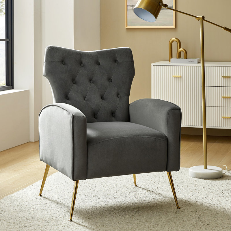 Consolata 37" H Velvet Wingback Chair with Button Tufting and Metal Legs, Gray Velvet
