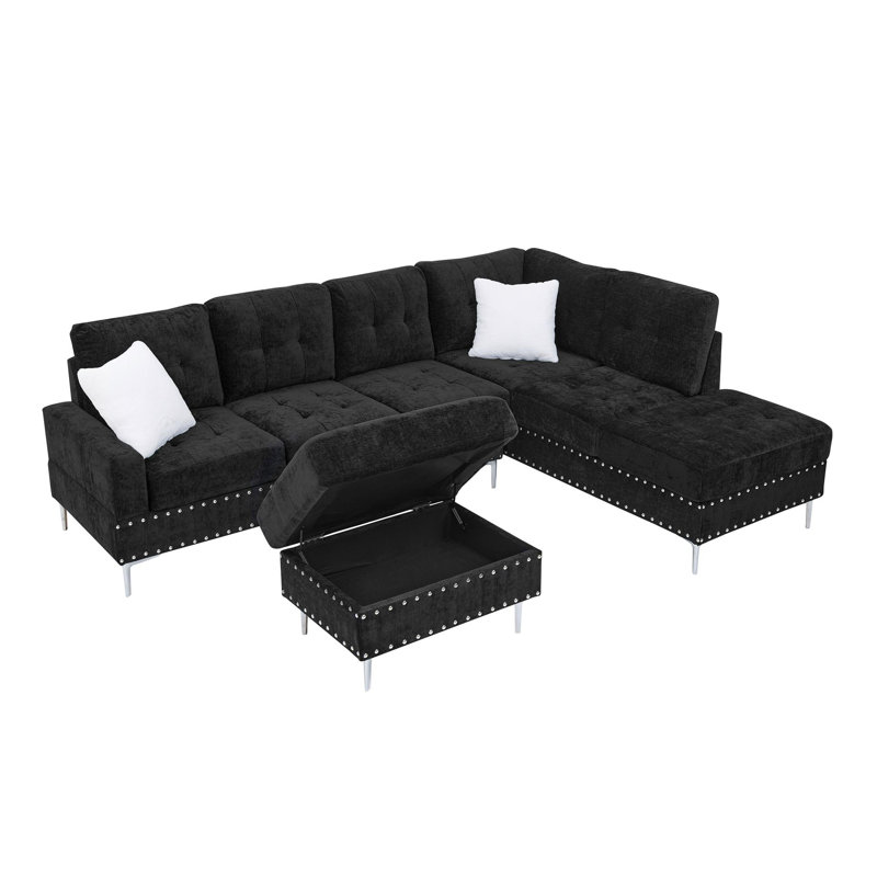 Canapé modulaire 3 places avec méridienne réversible, repose-pieds avec rangement, pieds en métal et clous en cuivre, deux coussins blancs, noir (102 po x 76 po x 35 po)