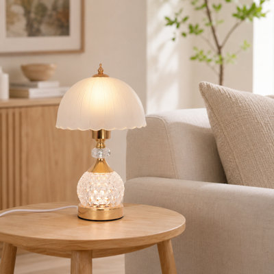 Lampe de table de luxe en cristal de 35,5 cm avec abat-jour en verre blanc, lampe de chevet ou de salon avec ampoule LED.