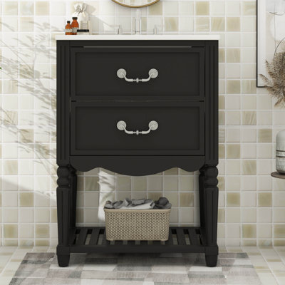 Meuble-lavabo de salle de bain avec lavabo en céramique, armoire de rangement de salle de bain à conception rétro élégante avec deux tiroirs et une tablette inférieure ouverte