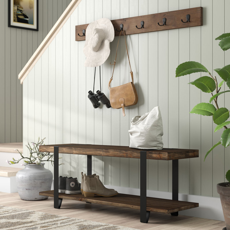 Barton 48" Wide Solid Wood and Metal Bench with Coat Hooks