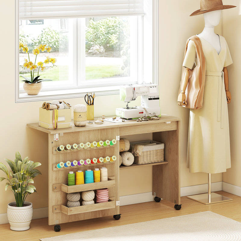 Table de couture pliante, table de bricolage avec rangement, naturel, Bois naturel