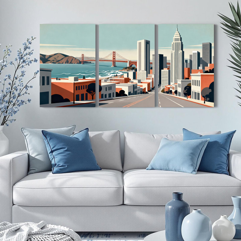 Ensemble de 3 toiles murales représentant le pont et la ligne d'horizon de San Francisco, H 36 po x l 72 po