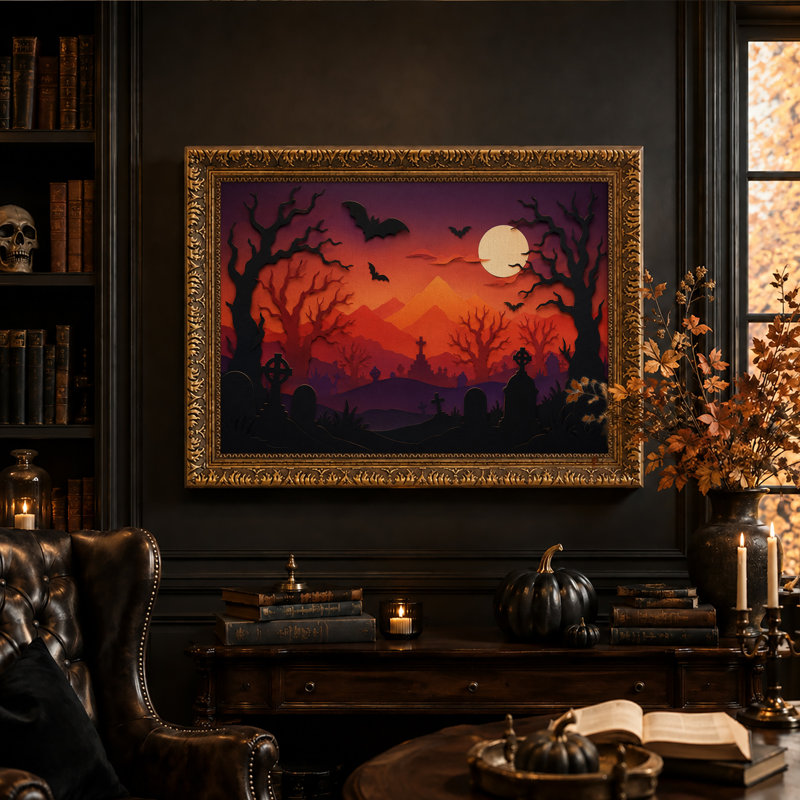 Tableau sur toile d'Halloween représentant un cimetière orange et violet avec des chauves-souris et la lune