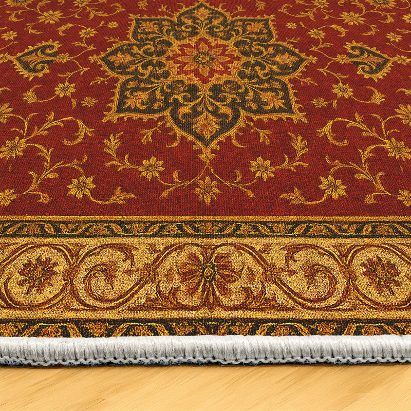 Zyana Collection Digital Print Cotton-Polyester Red Yellow Moroccan Rug, Rectangle 3'4" x 6'7"