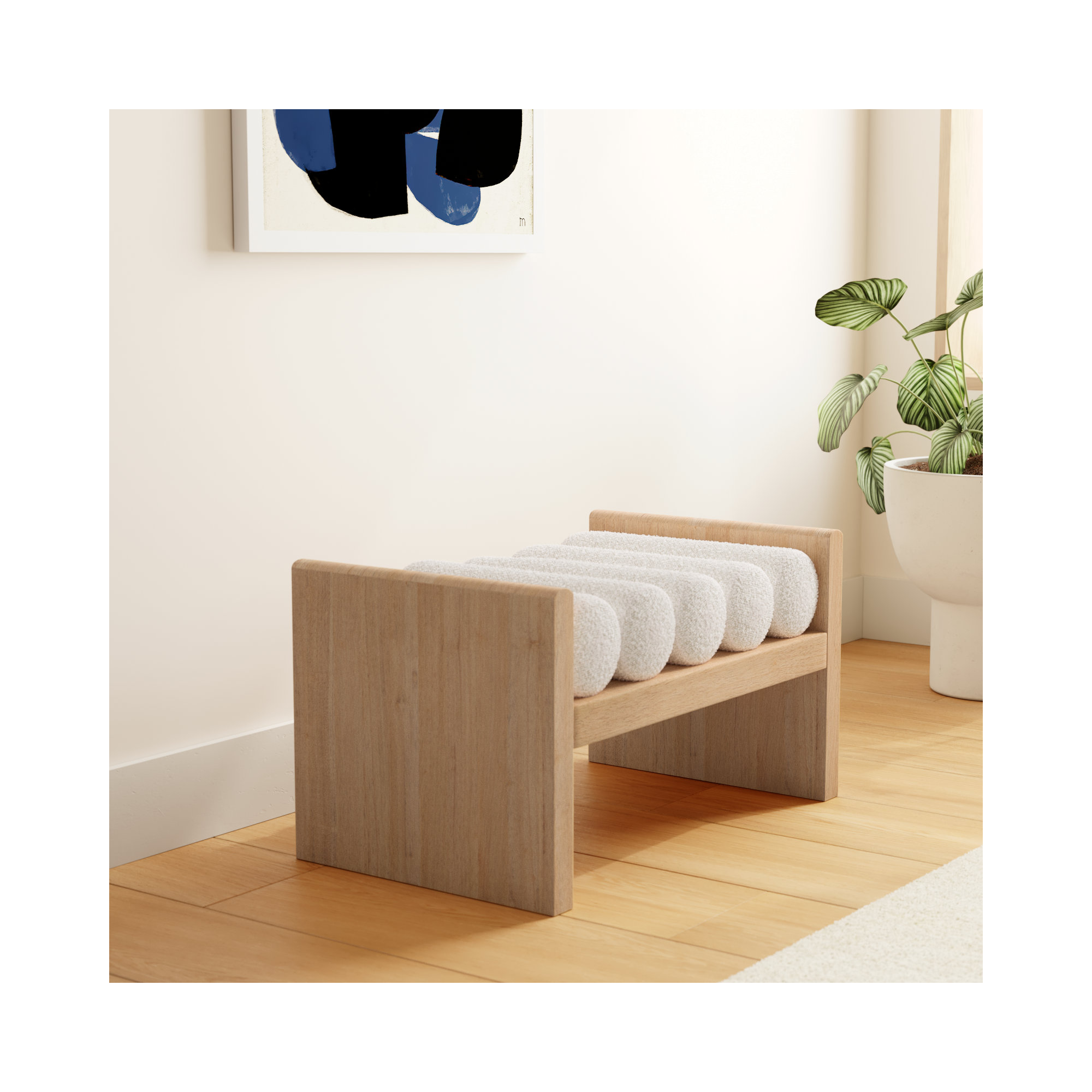 Reeves Boucle Wood Bench, Cream Boucle Fabric / Natural Finish, 18" H x 32" W x 19" D