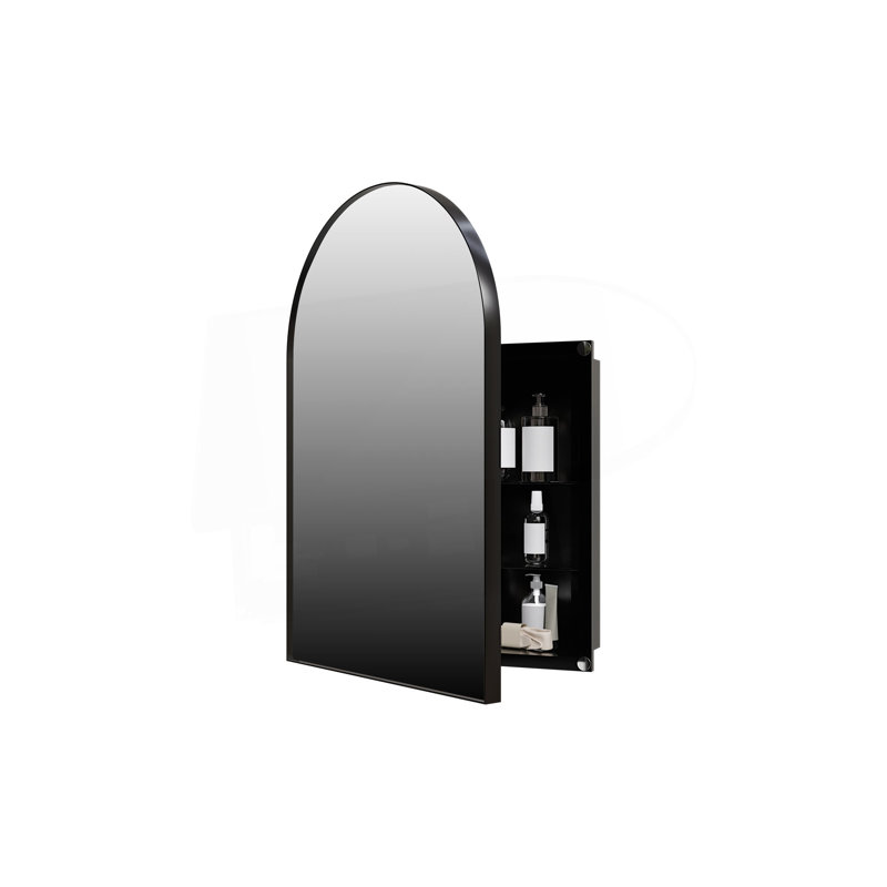 Pharmacie d'angle en métal 18 po x 24 po avec miroir arqué, tablettes en verre réglables et rangement pour salle de bain compact