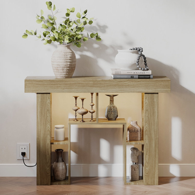 43" Console Table, Modern Wood Side Table With Open Storage Shelves, Freestanding Narrow Display Shelf, Accent Table, Behind Couch Table For Living Room, Hallway, Foyer