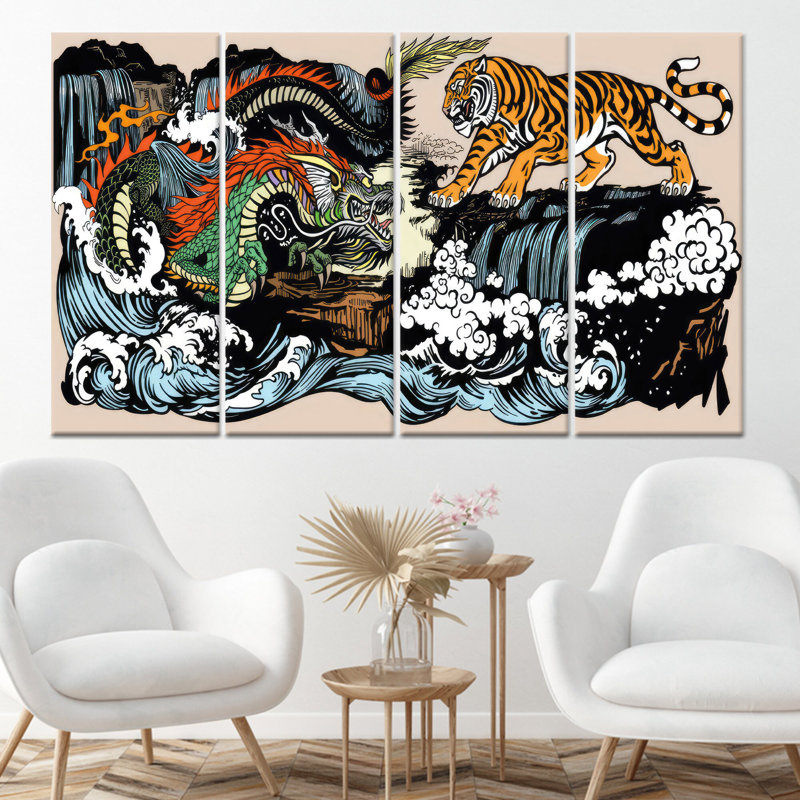 «Yin Yang Dragon vs Tiger», reproduction d'art sur toile, thème de la culture japonaise, toile tendue 4P, 31,5 po H x 63 po l