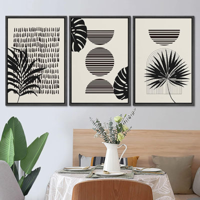 SIGNLEADER Framed Canvas Print Wall Art Set Geometric Dark Mid-Century Palm Leaf Collage Abstract Shapes Illustrations Modern Art Boho Decorative For