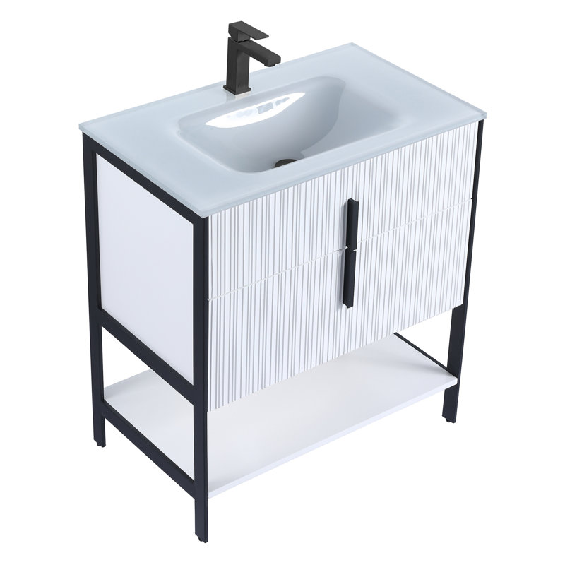  Meuble-lavabo moderne avec plateau en verre blanc Serenity, 30", Blanc mat / noir