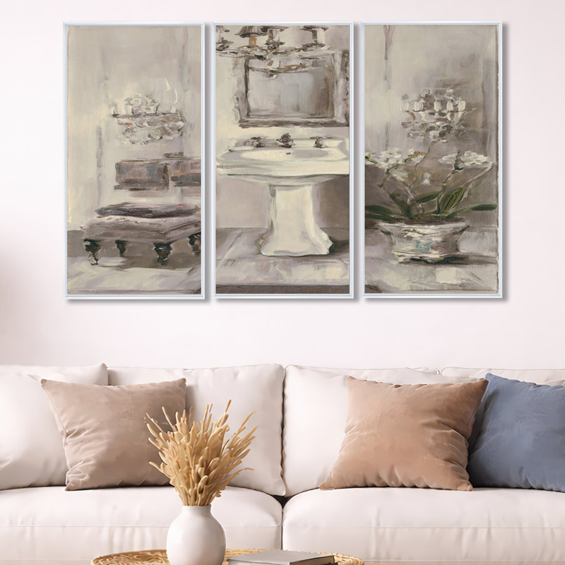 «French Bathroom Vintage II», ensemble d'art mural sur toile encadré traditionnel