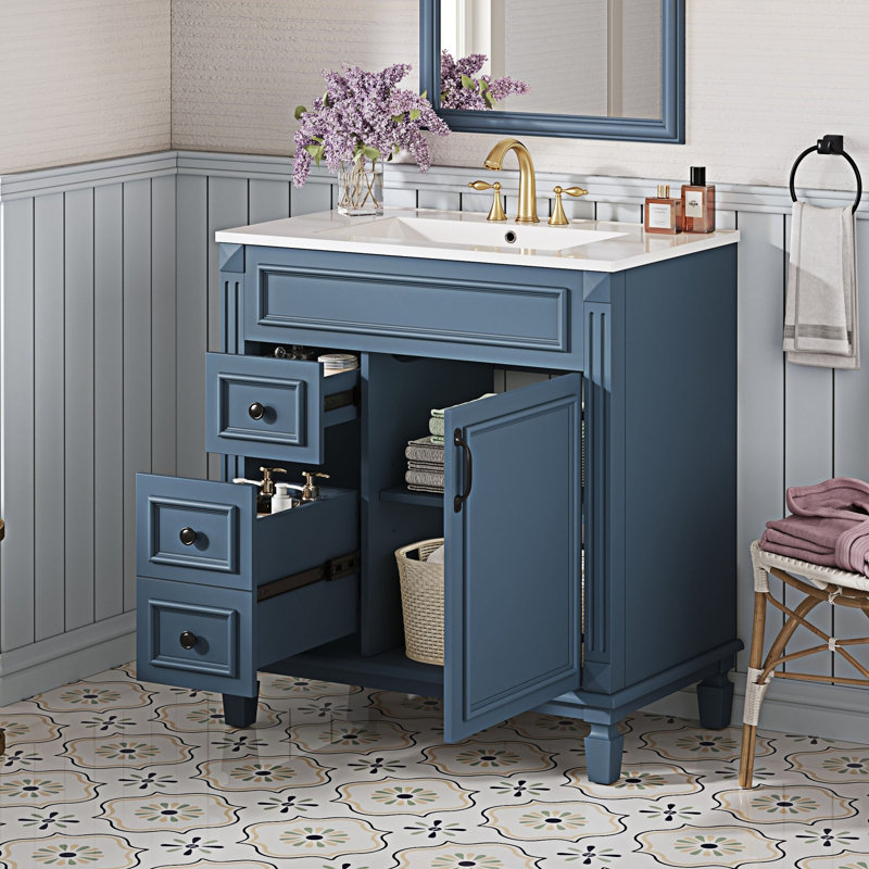 Meuble-lavabo de salle de bain avec lavabo en céramique, Bleu
