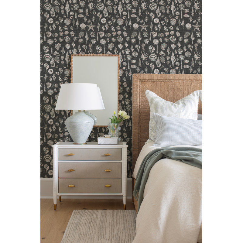Papier peint Lowcountry Love Shells Marsh Breeze par Megan Molten, Noir / Rose, Papier