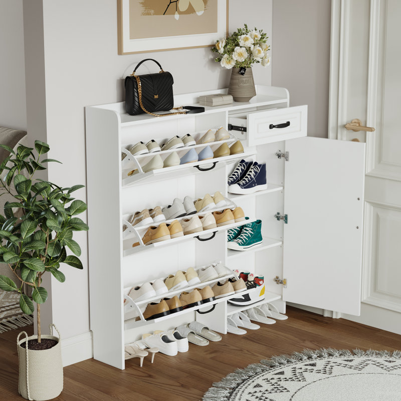 Range-chaussures blanc avec 4 portes et 1 tiroir, grand espace de rangement