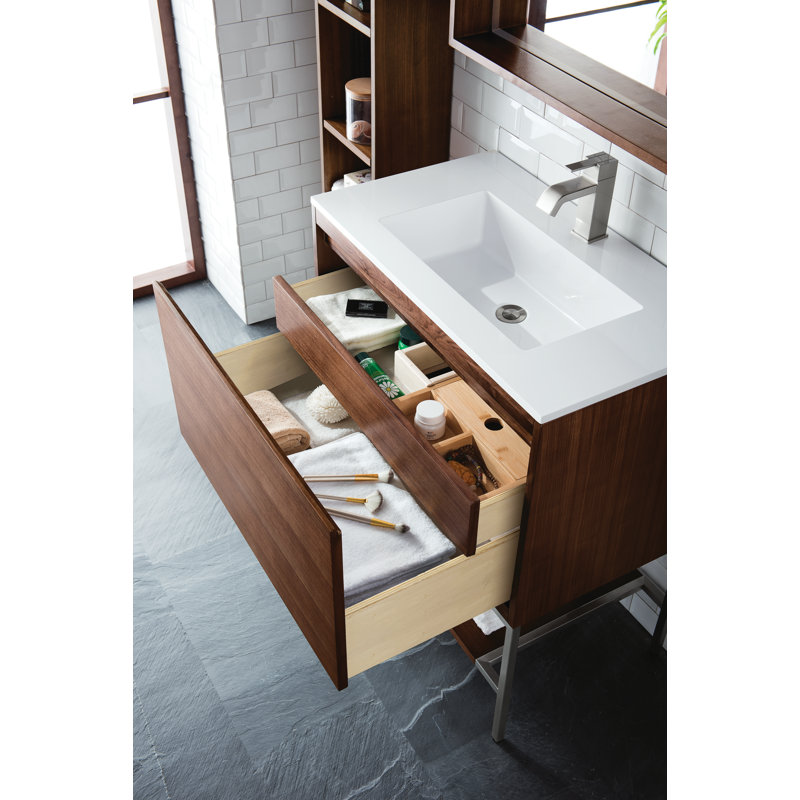 Mantova 31.5'' W Single Vanity, Charcoal Black, Mid Century Walnut/Champagne Brass