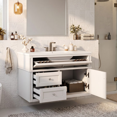 Meuble-lavabo mural avec lavabo en céramique et charnières à fermeture en douceur