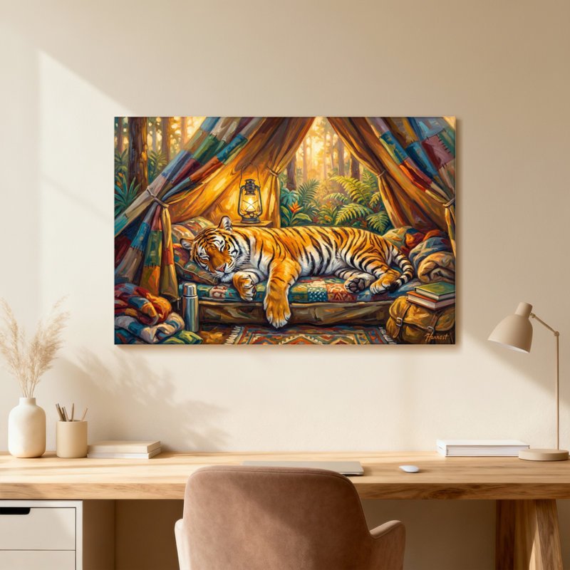 Animaux, tigre, dormant dans une tente colorée avec lanterne, H 12 po x l 18 po, Toile tendue, Ne s’applique pas