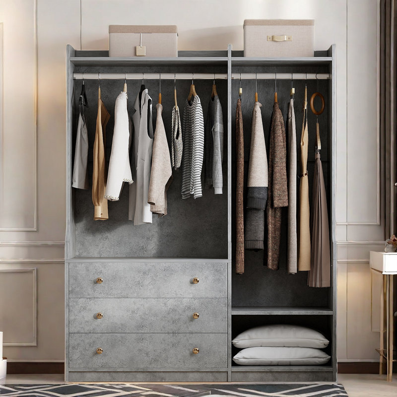 Open Wooden Wardrobe With Dual Hanging Rods, Five Shelves And 3 Drawers, Grey
