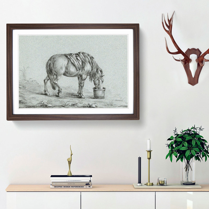 A Drinking Horse by Jean Bernard - Single Picture Frame Print, 33cm H x 45cm W x 2cm D, Walnut Framed