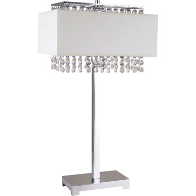 Lampe de table en métal de 28 po de hauteur avec finition argentée, abat-jour blanc et accents de cristal