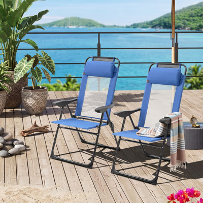 Chaise pliante d'extérieur, ensemble de 2 chaises de patio pliantes, chaise longue d'extérieur avec appui-tête amovible, chaise de camping à dossier réglable
