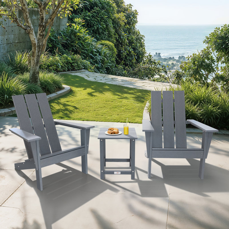 LuXeo Arcadia HDPE Outdoor Adirondack Chair and Table Set, 3-Piece, Gray