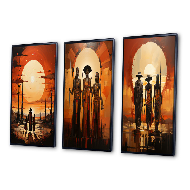 «Native American Art Tribal Vision», 3 pièces, Cadre flottant noir, H 32 po x l 48 po