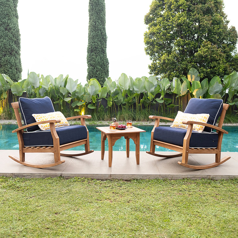 Ensemble de conversation de patio en teck pour 2 personnes avec coussins Oakhaven, Naturel / passepoil blanc marine