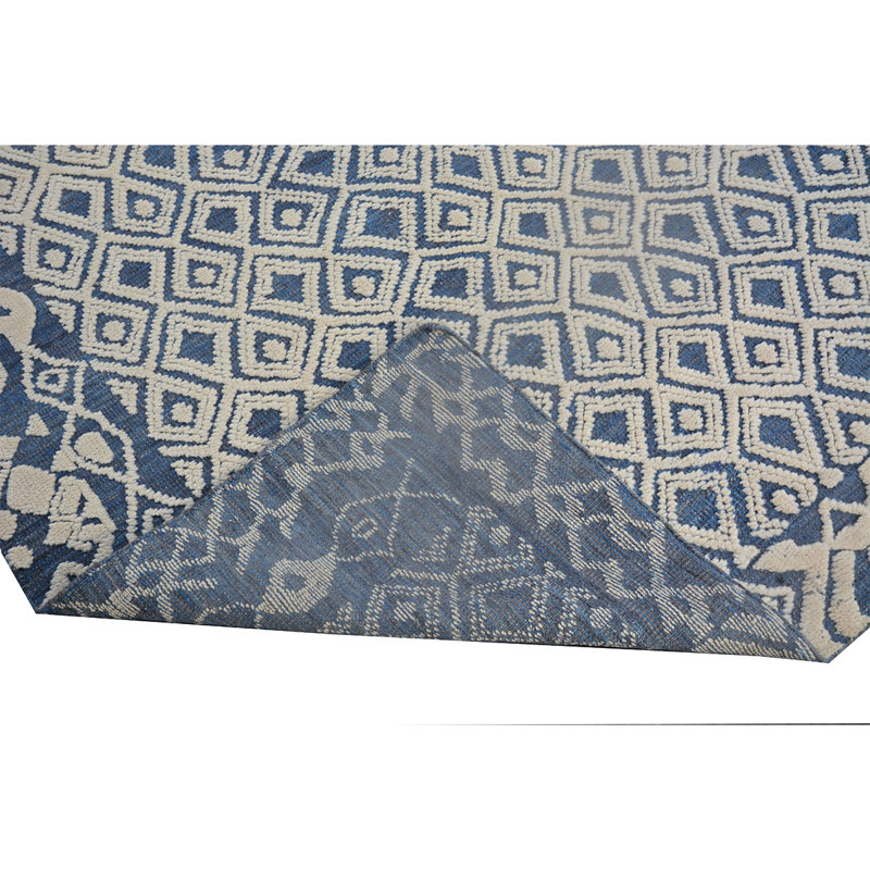 Tapis ivoire / bleu noué à la main de haute qualité, Rectangle 8 pi x 10 pi