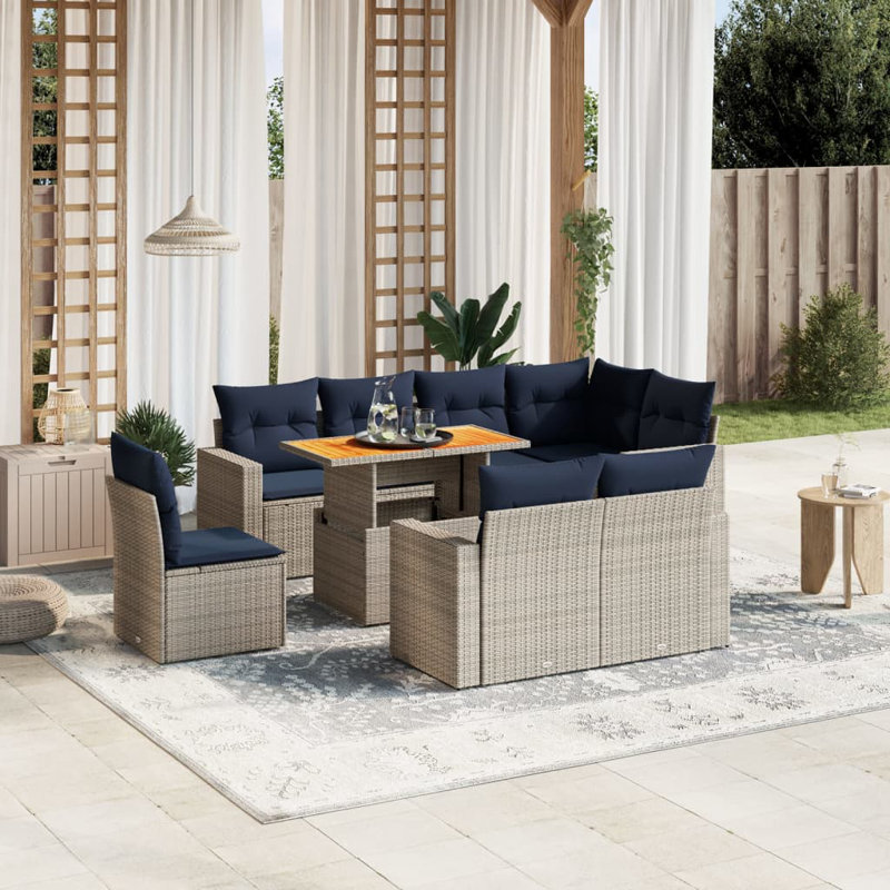 Ensemble de canapé de patio 9 pièces avec coussins en rotin de polyester, Gris, Marine