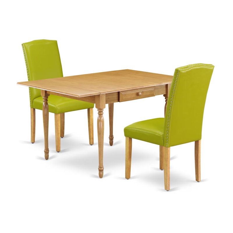 3 Piece Dining Room Table Set Contains a Rectangle Dining Table with Dropleaf and 2 Autumn Green Faux Leather Upholstered Chairs, Oak