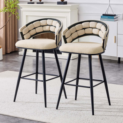 Set Of 2 Beige Velvet Bar Stools With Black Iron Legs, Modern Kitchen Island Counter Height Stools